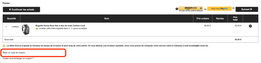 Place pour un code promo FC-Moto